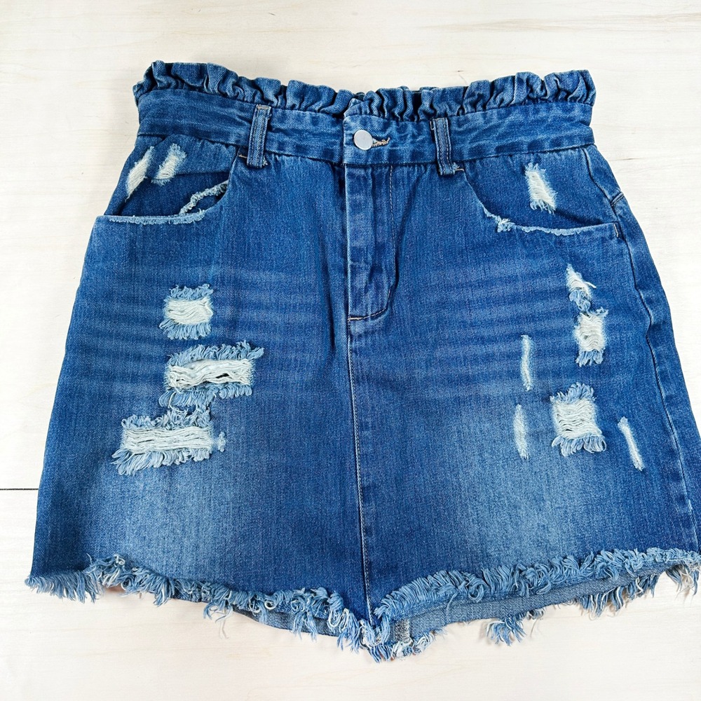 Hayden Ruffle Distressed Denim Mini Skirt - L Jean 100% Cotton‎